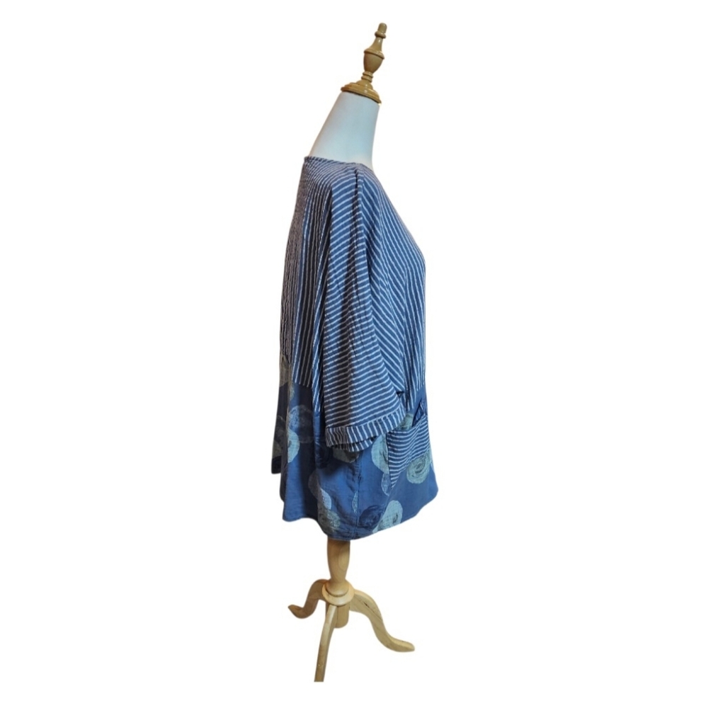 🇮🇹Made In Italy, 100% Cotton, Blue Striped & Print Relaxed Fit Tunic Top - Picture 7 of 10